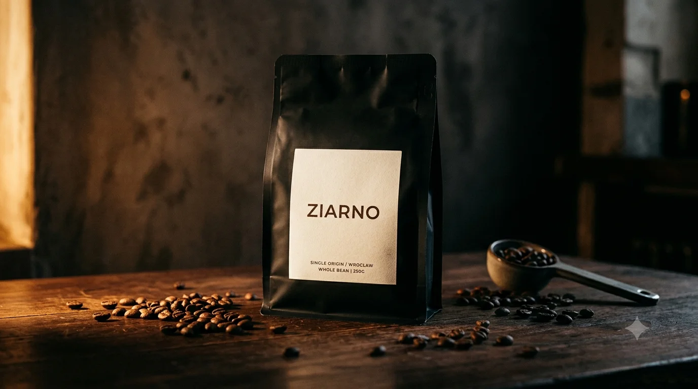 Матово-чёрная упаковка кофе ZIARNO